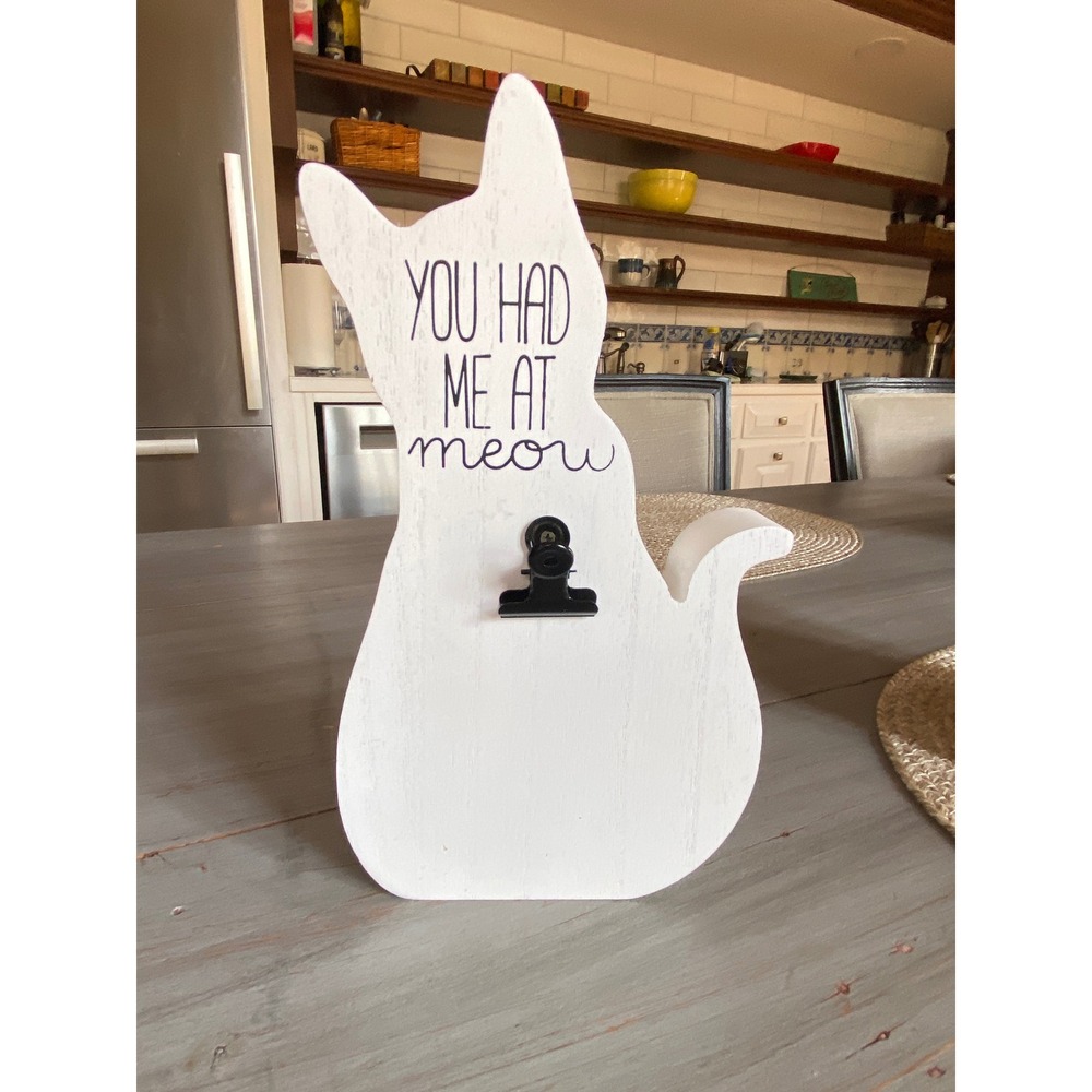 Rae Dunn You Had Me At Meow White Wood Cat Shape Photo Memo Clip Holder Decor